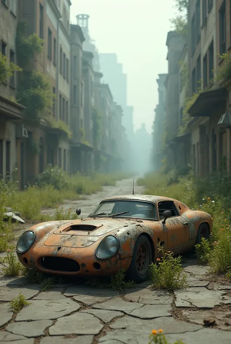 Worn out futuristic car on street with post apocalyptic scenery with plants growing around it