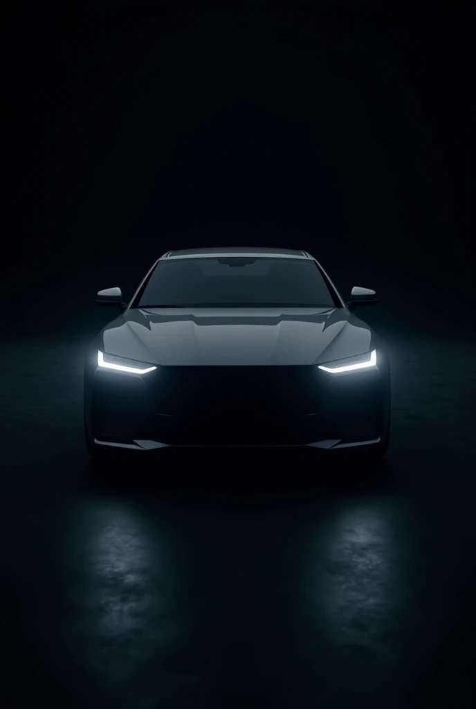 Modern car with black background showing only the headlights with the entire image blacked out except for the headlights
