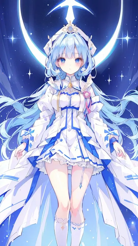 Wearing a white dress、Anime girl with blue hair and white jacket, Anime Barbie doll wearing white stockings, thigh close up, ((Wearing noble robes)), Soft Animation illustration, thigh!!!, Legs close-up, Wearing a skirt, , Clear clothing design, Soft Anima...