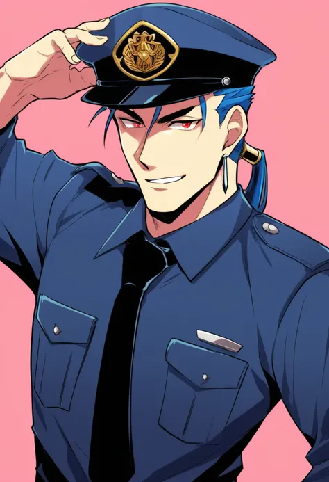 cu Chulainn Lancer blue dressed as a policeman with good body with red anime eyes and with a flirtatious look