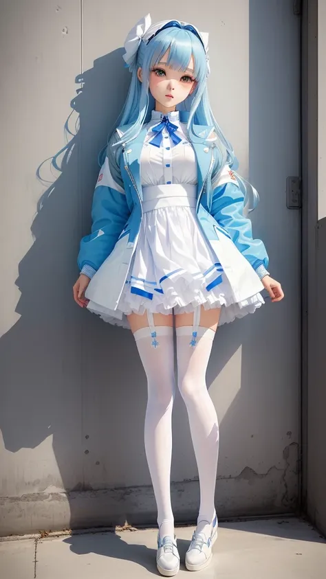 Wearing a white dress、Anime girl with blue hair and white jacket, Anime Barbie doll wearing white stockings, Soft anime illustration,Wearing a skirt, Clear clothing design,