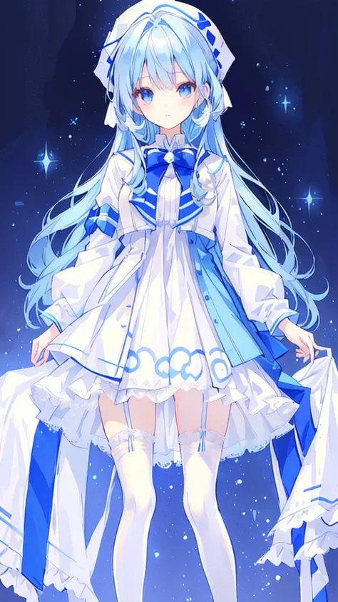 Wearing a white dress、Anime girl with blue hair and white jacket, Anime Barbie doll wearing white stockings, Soft anime illustration,Wearing a skirt, Clear clothing design,