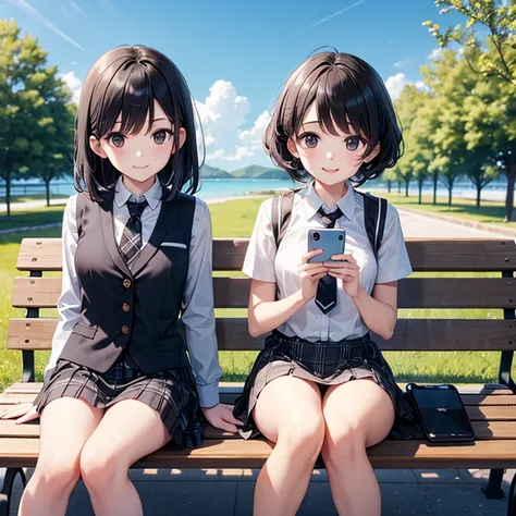 One high school girl、Black Eyes、Short black hair、smile、White ribbon、Black vest、Black regular tie、black plaid mini skirt、Hold your smartphone with both hands、Sit on a bench、blue sky