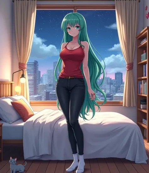 an 1 anime style woman, anime To love ru, standing, Behind her is her bed in her room, spotlights on, on the fifth floor of a white building with wooden floors, Tokyo City, beige curtains, tidy bed, celestial mantle, bookshelf, Through the window you can s...