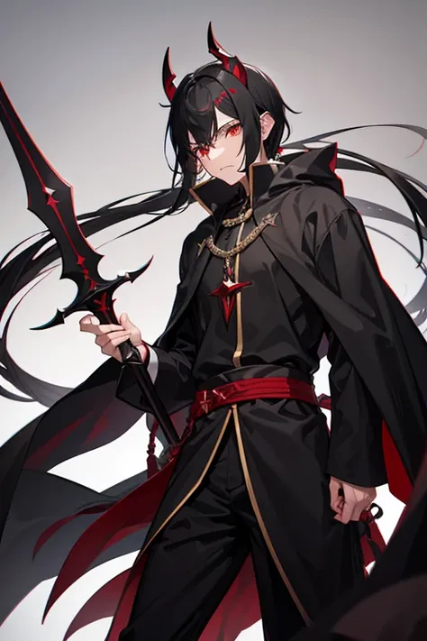 Black hair, devil horns, two short swords, dark gray robes, male, 