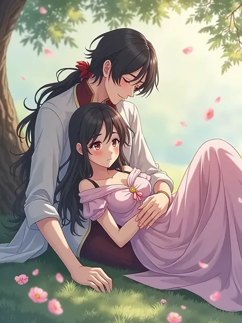 Prince and princess anime couple laying under tree man laying his head in the woman’s lap black hair head in lap laying down