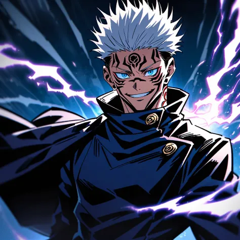 Ryomen Sukuna Jujutsu Kaisen, white hair, Bright blue eyes, wearing Jujutsu Kaisen school uniform, smiling, Ryomen Sukuna tattoos, defined athletic physique, Intimidating, Alone, Alone, energy curse in hand