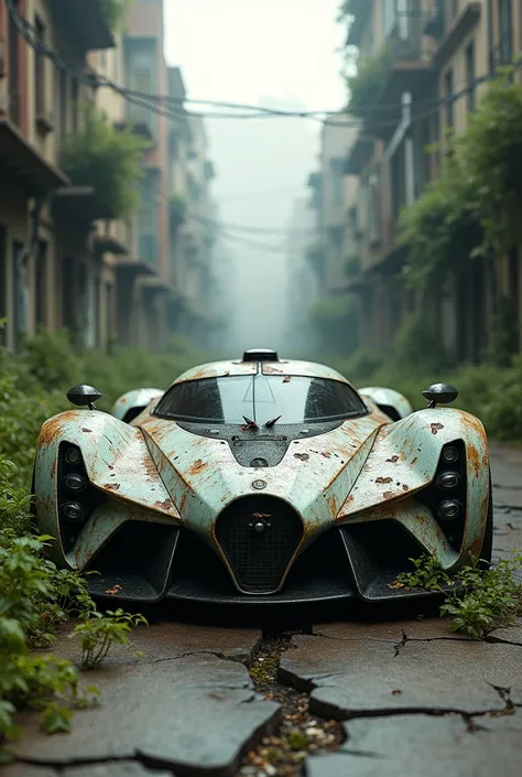 Super detailed worn out futuristic super car on street with post apocalyptic scenery with plants growing around it