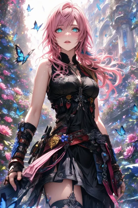 absurdres, highres, ultra detailed, HDR, master piece, Claire Farron, wavy pink hair, short hair, expressive light aqua eyes, woman, best quality, Final Fantasy XIII, solo, sensual, extremely beautiful, feathers, black dress, detailed face, glittering eyes...