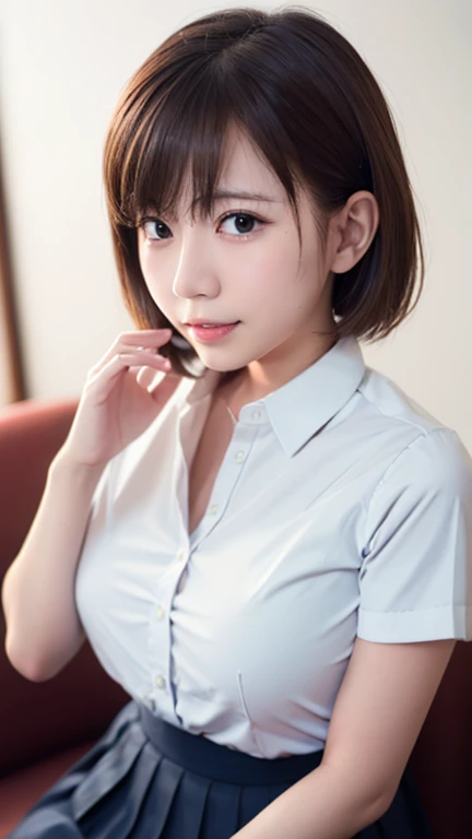 software, One girl,  masterpiece, Very detailed, Absurd, High image quality, (Ai-chan:1.5), Pretty girl, Beautiful green detailed eye, Short black hair, Layered Hair, Fluffy hair, bangs, Glossy lips, Pleated skirt, uniform, shirt, Sitting on the bed with k...