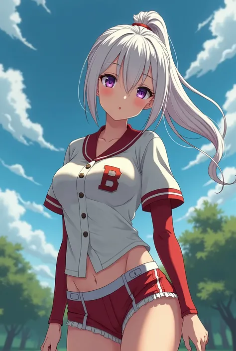 HD、Animation style、white hair 、Purple Eyes、girl、plump breasts 、High school student 、single ponytail、Baseball player、Light color short sleeve top、Long sleeve red underwear、Good shape、Thin、sash、Sky、cloud、sunny、plump breasts、Navel exposed、dazzler、Breasts expo...