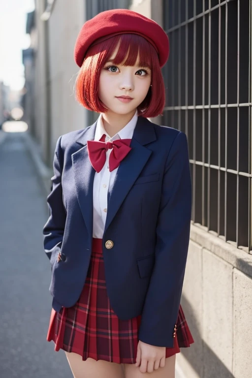 high school girl, red hair, bob cut, red eyes, 150 cm height, navy blue beret, navy blue jacket, red bow tie, light gray flared skirt, narrow alley, behind building, in shadow of building