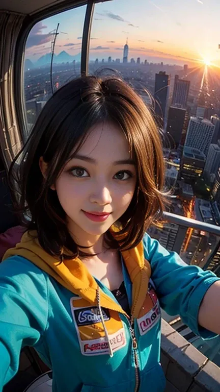 One person, Korean, Fisheye Lens, Selfie, wind, Messy Hair, sunset, Cityscape, (Aesthetics and atmosphere:1.2),smile