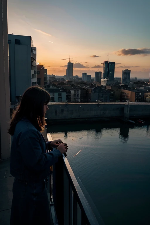    An inspiring landscape of a picturesque city skyline at sunset, with a silhouette of a person standing on a balcony, looking out over the city while holding a laptop. The skyline should represent a mix of modern and traditional architecture. Incorporate...