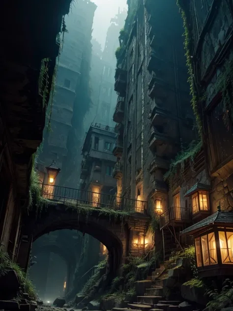 a dark city inside a ravine, where all the buildings are carved into the rocks, landscape, city, wallpaper, cramped space.