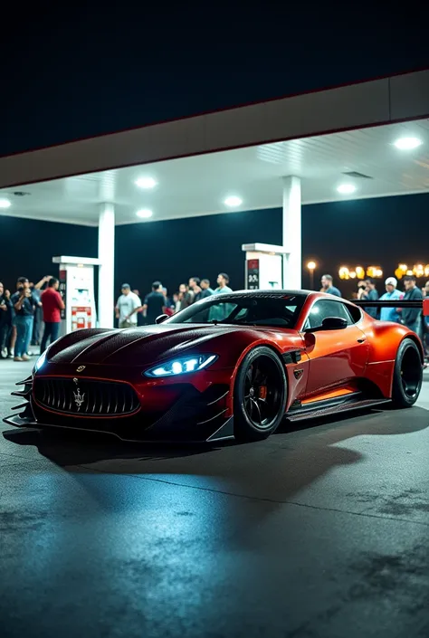 A Beautiful unique Sport/Race Car in Maserati/Ferrari style Massive Wide Body, aggressive style in a gas station, sideview, in a middle night, With a lot of people taking pictures of the car, realistic image