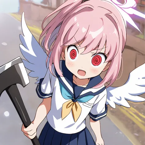 1girl,,red eyes,crazy eyes,ponytail,pink hair,cute,flat chest,angel halo,angel wings,BREAK sailor uniform,BREAK (holding_axe:1.4),BREAK background is apocalypse worldBREAK anime style,2000s art,