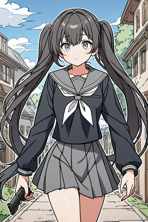 High resolution, 8k, best quality, masterpiece, ultra detailed, anatomically correct, masterpice anime, hentai, game title image,
1girl, walking, holding a SIGP228 handgun, 15yo, curiosity face,
(black hair, white ribbons long (low:1.2) tiwntails:1.2), dar...