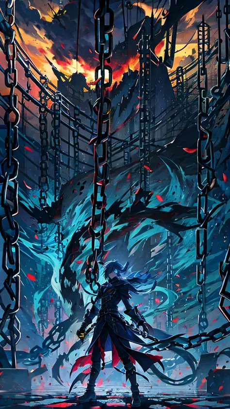 Tartarus,Shadow Prison,anime, Apocalypse, Restrained by chains,Shadow from the Persona series,Dark World,Demon God with a body of blue flame,