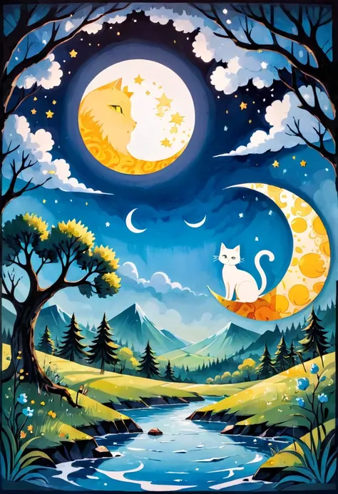 kawaii cartoon style, fusion of watercolors and acrylic painting, fusion of paper cutting and shadow puppetry, cat playing with a crescent moon, conceptual installation art, fantasy effects, BREAK delicate and dynamic textures, contrasts of light and shado...