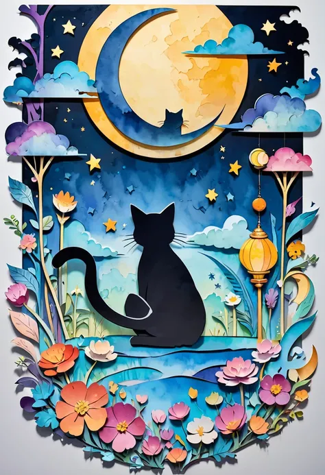 kawaii cartoon style, fusion of watercolors and acrylic painting, fusion of paper cutting and shadow puppetry, cat playing with a crescent moon, conceptual installation art, fantasy effects, BREAK delicate and dynamic textures, contrasts of light and shado...