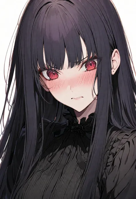 solo, handsome, 1. female, hime cut,straight long hair, black hair, red eyes＆soft look, gojo satoru ,gothic lolita fashion,skin,...