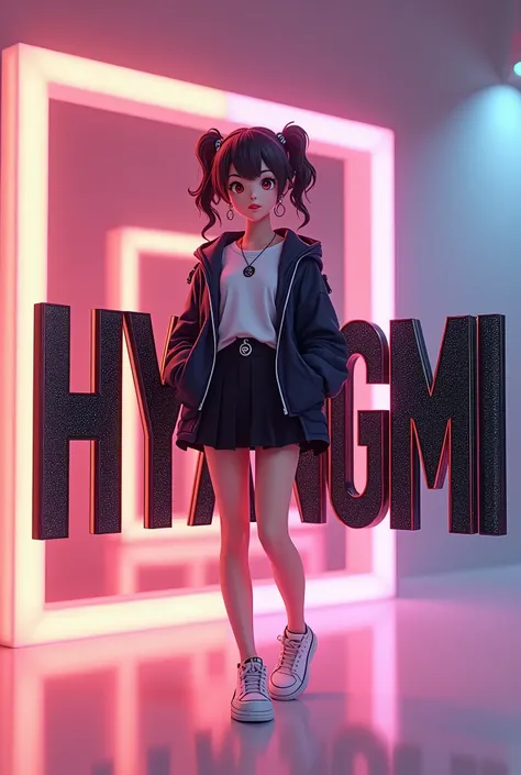 Teenager 1 anime  girl having black skirt and jacket with white t shirt and white sheo with pony tale  is a standing on big 3D letters of the name "Hyangmi" The name is also in glitter black color and background is also match with the view and the name is ...