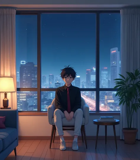 a 1 anime style boy, anime style To Love Ru, high lighting, illuminated room, sitting on a white chair in a living room with a small table in the center on the fifth floor of a white building with oak wood floors, A Tokyo city covered in light snow is refl...