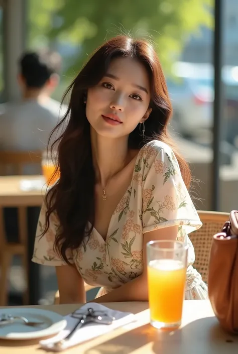 a beautiful Korean woman with long hair wearing a small floral print summer outfit is sitting on a chair in an outdoor restaurant, a glass of lemon tea, a bag and glasses on the table
