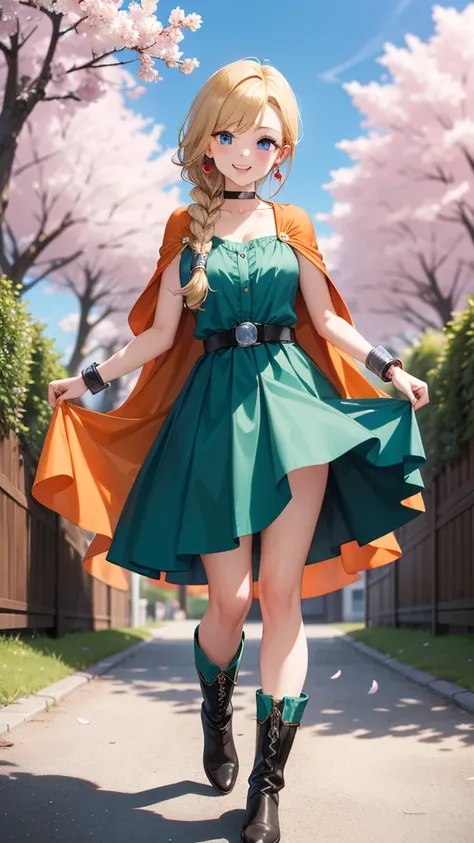 masterpiece,High resolution,Super detailed,Bianca (),blue eyes,Long Hair,Single Blade,Earrings,Choker,Orange Cape,Green Dress,bracelet,belt,boots,(Wind lift:1.2),,(Embarrassing:1.2),Outdoor,Castle Garden,dance、High resolution、Super detailed、Bianca ()、blue ...