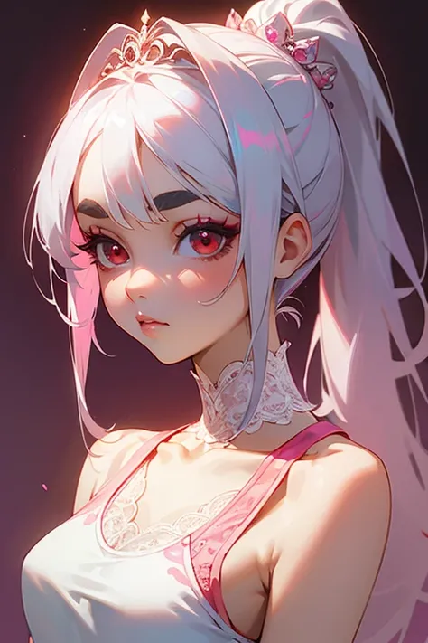 (Highest quality masterpiece:1.2), High resolution, Very detailed, Realistic:1.37, Fantasy, Illustration, Her hair is white.いです、Red eyes、queen red dress.Platinum decoration、beautifully、Eyeshadow Red、Thick eyebrows、Long eyelashes、The pupil is black、Her hair...