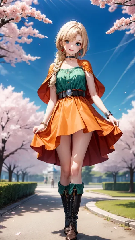 masterpiece,High resolution,Super detailed,Bianca (),blue eyes,Long Hair,Single Blade,Earrings,Choker,Orange Cape,Green Dress,bracelet,belt,boots,(Wind lift:1.2),,(Embarrassing:1.2),Outdoor,Castle Garden,dance、High resolution、Super detailed、Bianca ()、blue ...