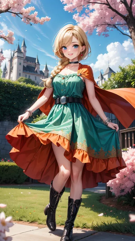 masterpiece,High resolution,Super detailed,Bianca (),blue eyes,Long Hair,Single Blade,Earrings,Choker,Orange Cape,Green Dress,bracelet,belt,boots,(Wind lift:1.2),,(Embarrassing:1.2),Outdoor,Castle Garden,dance、High resolution、Super detailed、Bianca ()、blue ...