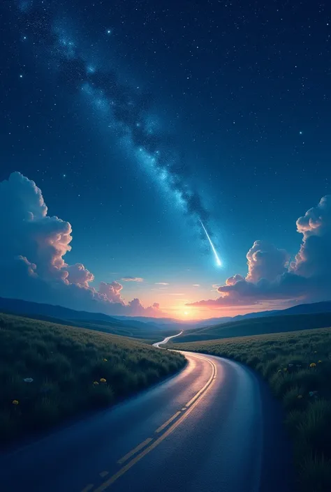 Country Road、Night Sky、Starry Sky、Many stars、Shooting Star, Very detailed, High image quality, Pastel colors