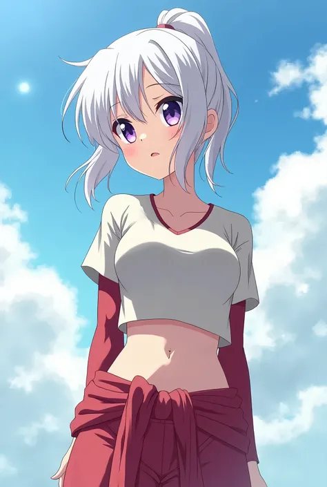 HD、Animation style、white hair 、Purple Eyes、girl、plump breasts 、High school student 、single ponytail、Baseball player、Light color short sleeve top、Long sleeve red underwear、Good shape、Thin、sash、Sky、cloud、sunny、plump breasts、Navel exposed、dazzler、Breasts expo...