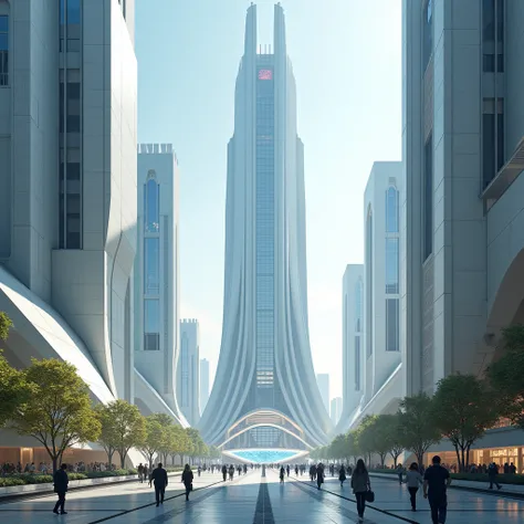 A perfect utopian city, futurist, perfecta, beautiful, with megalomaniac cities and architecture, and its citizens walking through it.