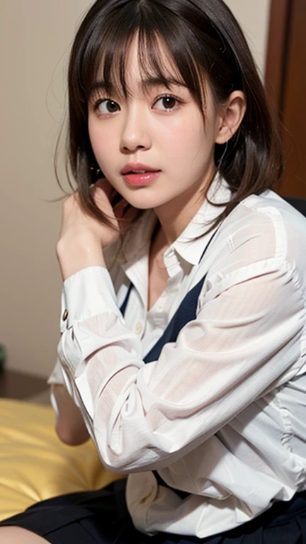 software, One girl,  masterpiece, Very detailed, Absurd, High image quality, (Ai-chan:1.5), Pretty girl, Beautiful detailed eyes, Short black hair, Layered Hair, Fluffy hair, bangs, Glossy lips, Pleated skirt, uniform, shirt, Sitting on the bed with knees ...