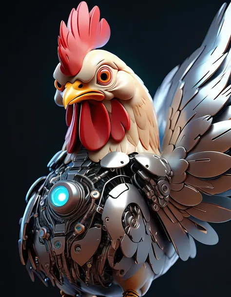 a cybernetic chicken, highly detailed robotic chicken, intricate mechanical feathers, glowing cybernetic eyes, gleaming metal body, complex circuitry, chrome plating, futuristic robotic design, advanced AI, hyper-realistic, 8k, best quality, cinematic ligh...