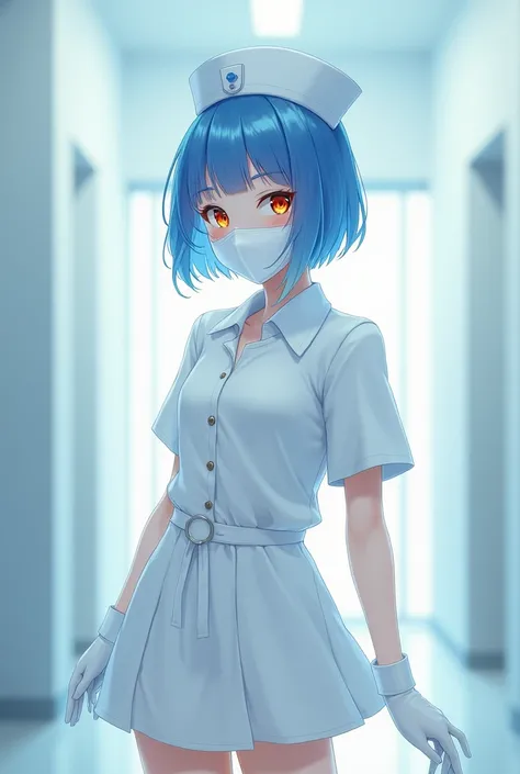 1 girl, female only focus, nurse, white en cap, white nurse uniform, ((white clothes for the legs, zettai ryouiki)), white gloves, bob cut, blue hair, orange eyes, ((White surgical mask, Covered nose)), standing, ((Hospital room)), sharp outline, short sle...