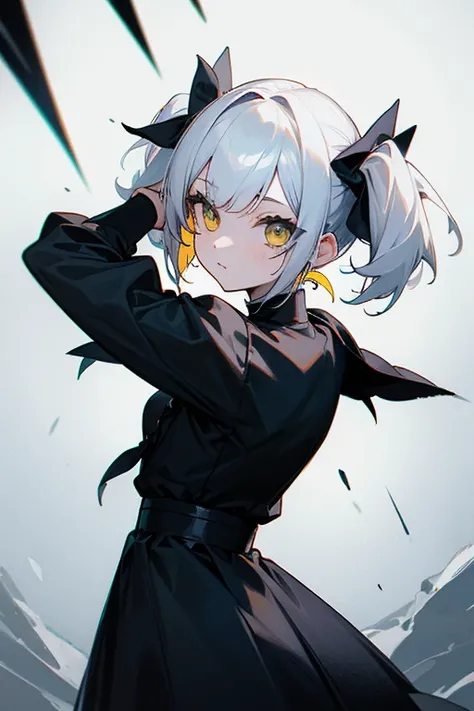 Short white hair, , Yellow and navy dress、Gothic style、Headbang 2.、Twin tails、sharp、