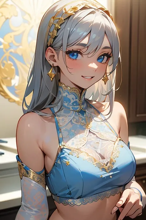 (masterpiece: 1.2, Best Quality), (Actual Photos, Intricate details), 1. woman, Alone, Casual upper body, Shoulder-length hair Minimal makeup, Natural materials, , Home, ((Gray Hair)).blue eyes, bare shoulders、Toothy smile、((White lace outfit))、((blue eyes...