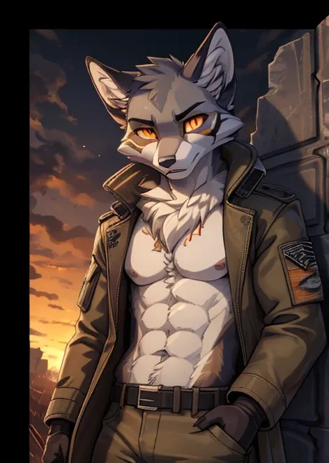 (((sfw))), high quality, best quality masterpiece, the best definition add_detail:1 aesthetic and lighting details silver fox male apocalypse surviver, dirty tactical clothing with trench coat, mature femboy, serious intense expression, thin body, apocalyp...