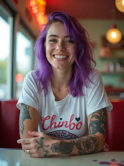 street photography photo of a young woman with purple hair, smile, happy, cute t-shirt, tattoos on her arms, sitting in a 50s diner 