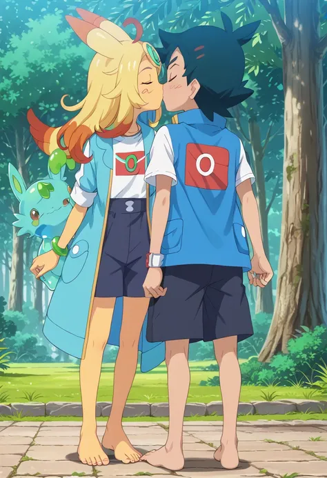 1 boy ash ketchum - pokemon journeys kiss 1 girl chloe cerise (pokemon) barefoot toes sole ankle bangle toes rings slime happy.