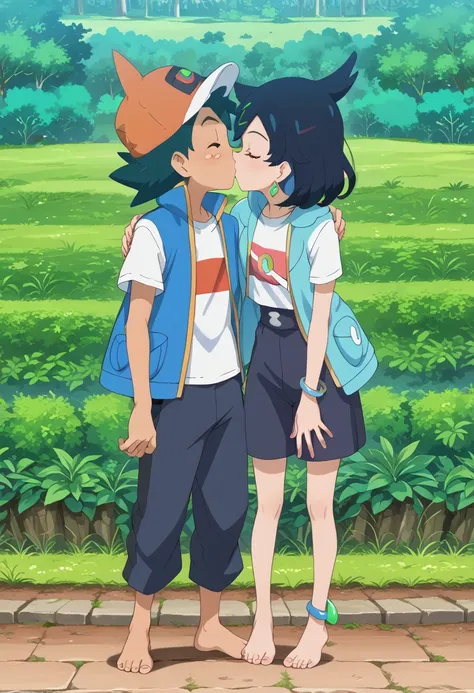 1 boy ash ketchum - pokemon journeys kiss 1 girl chloe cerise (pokemon) barefoot toes sole ankle bangle toes rings slime happy.