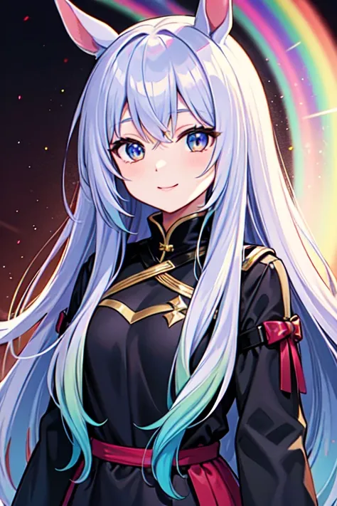 Horse Girl、Horse ears on head、Rainbow colored hair、Gradient hair texture、Long Hair、Rainbow Eyes、whole body、Muscular、Cute smile、Detailed Background、High image quality、