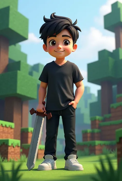 Short hair character black shirt white sneakers black pants character is smiling in the Minecraft world with the sword in his hand stuck in the ground 