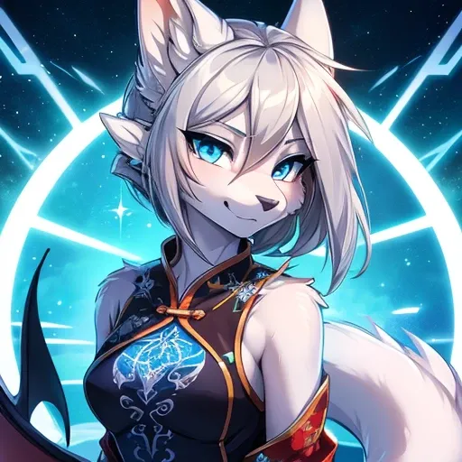 A girl, furry vixen, Blue eyes, Character profile, auricular, Shortcuts, shut your mouth, Icon style, high resolution, Character design画, Overexposure, Fluorescence, highest quality, session,Shiny dragon tattoo on the body,silver hair, moving line, Overexp...