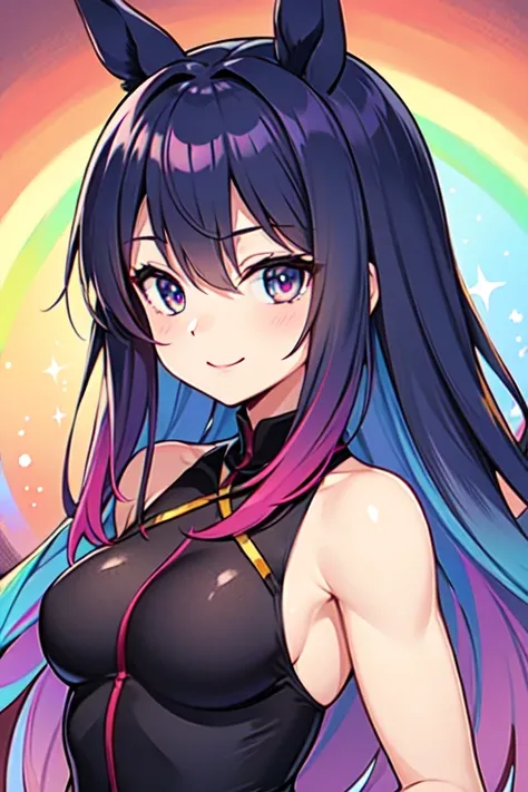 Horse Girl、Horse ears、Rainbow colored hair、Gradient hair texture、Long Hair、Rainbow Eyes、whole body、Muscular、Cute smile、