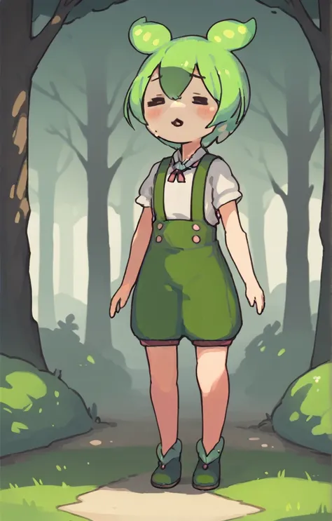 a cute girl zundamon is walking through the forest